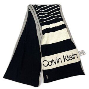 Calvin Klein Logo Knit Scarf NWOT 9x82 Black Gray White Stripe Unisex